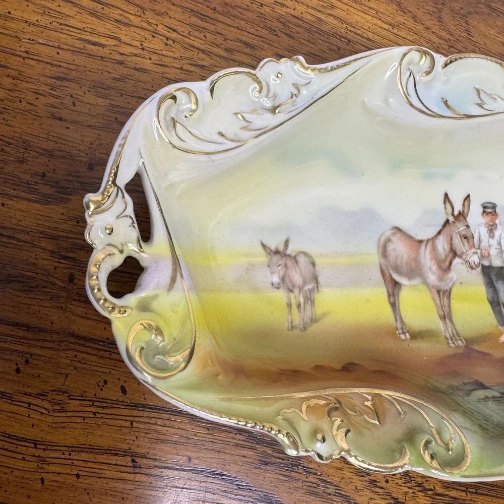 Royal Bayreuth Bavaria Donkey Boy Celery Tray Porcelain Gold Gilt Dish 12.5in
